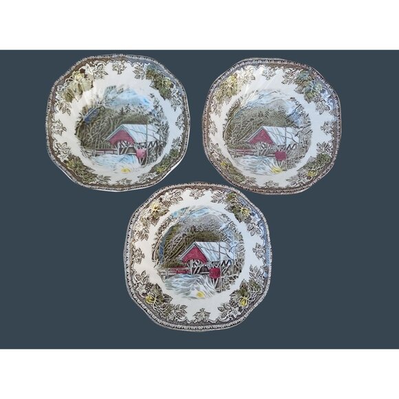 3 Johnson Bros Friendly Village Square Cereal Bowls 6 1/8" Covered Bridge - Picture 1 of 3